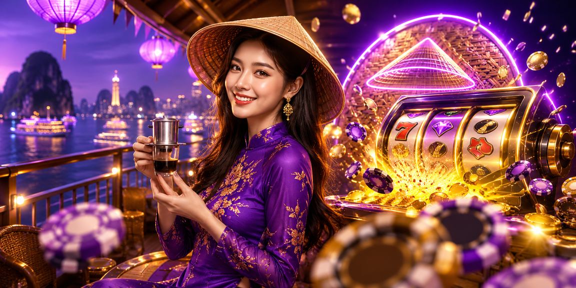 Người phụ nữ đội nón lá chơi slot game tại Hạ Long Bay